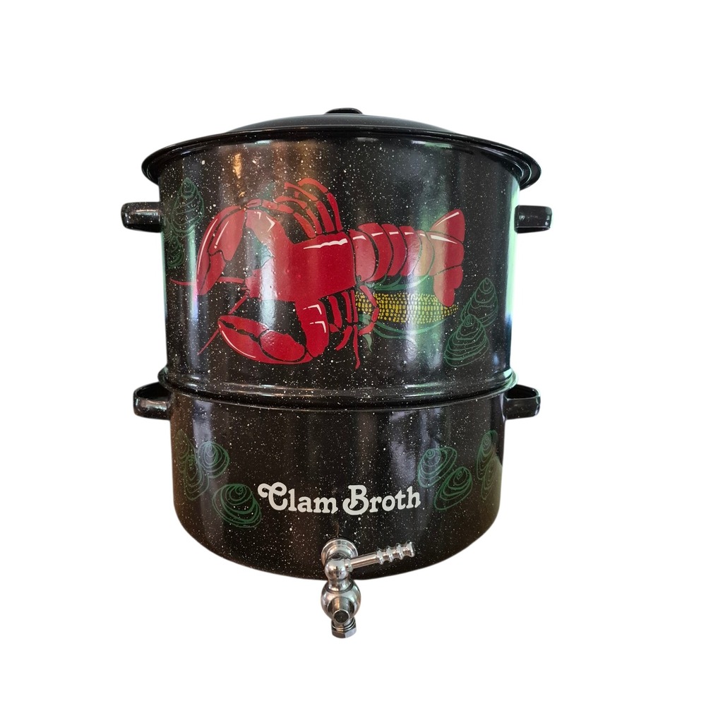 Vintage Enamelware Lobster Clam Steamer Pot 2 Tier Black Speckled with Spigot